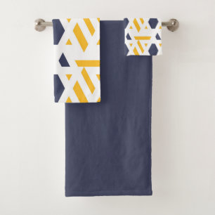 Modern, abstract, navy blue, yellow, white pattern bath towel set