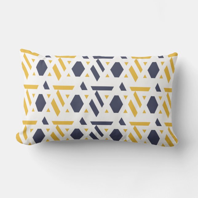 Modern, abstract, navy blue, yellow, white pattern lumbar cushion (Front)