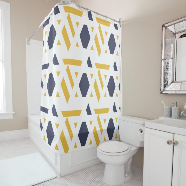 Modern, abstract, navy blue, yellow, white pattern shower curtain (In Situ)