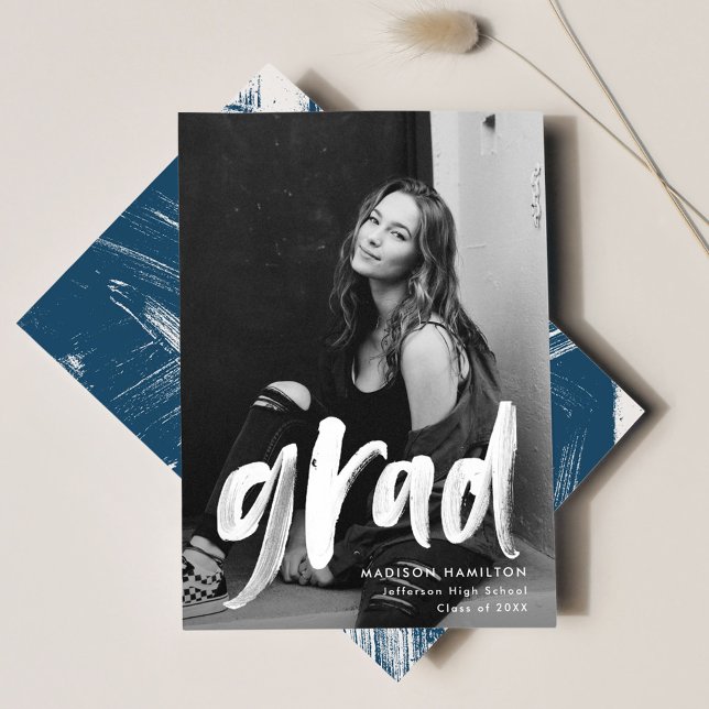 Modern Abstract Navy Brushstrokes Photo Graduation Announcement (Creator Uploaded)