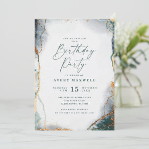 Modern Abstract Navy Green & Gold Birthday Party Invitation