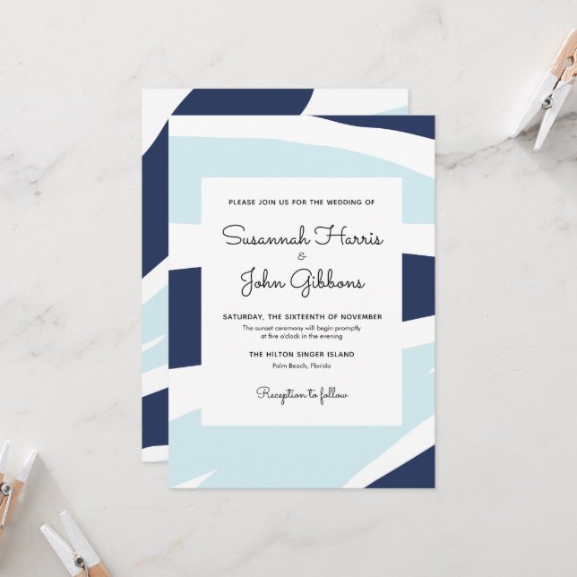 Modern Abstract Navy & Light Blue Wedding Invitation (Front/Back In Situ)