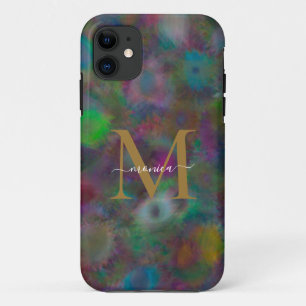 Modern Abstract Neon Colourful Gold Monogram Name iPhone 11 Case
