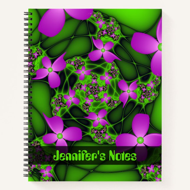 Modern Abstract Neon Pink Green Art Flowers Name Notebook (Front)
