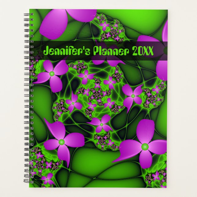 Modern Abstract Neon Pink Green Art Flowers Name Planner (Front)