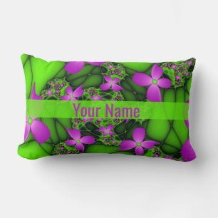 Modern Abstract Neon Pink Green Flowers Name Lumbar Cushion