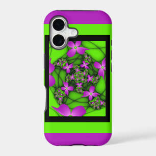 Modern Abstract Neon Pink Green Fractal Flowers
