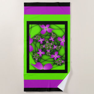 Modern Abstract Neon Pink Green Fractal Flowers Beach Towel