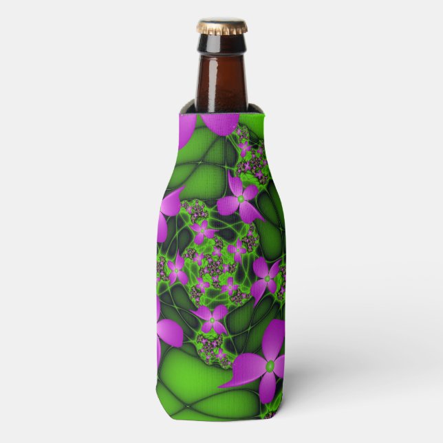Modern Abstract Neon Pink Green Fractal Flowers Bottle Cooler (Bottle Front)