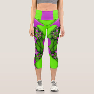 Modern Abstract Neon Pink Green Fractal Flowers Capri Leggings