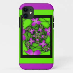 Modern Abstract Neon Pink Green Fractal Flowers iPhone 11 Case