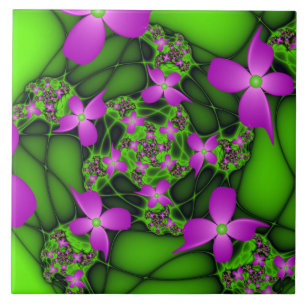 Modern Abstract Neon Pink Green Fractal Flowers Ceramic Tile