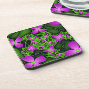 Modern Abstract Neon Pink Green Fractal Flowers Coaster