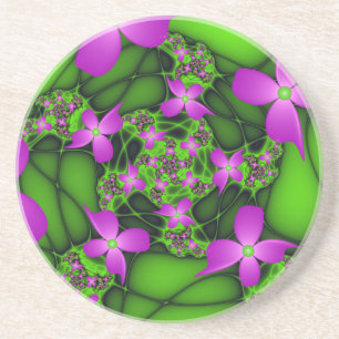 Modern Abstract Neon Pink Green Fractal Flowers Coaster