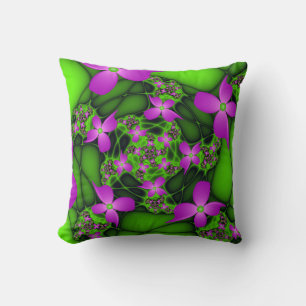 Modern Abstract Neon Pink Green Fractal Flowers Cushion