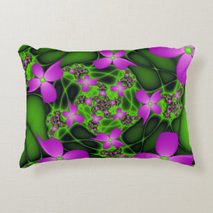 Modern Abstract Neon Pink Green Fractal Flowers Decorative Cushion