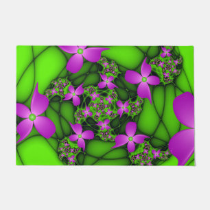 Modern Abstract Neon Pink Green Fractal Flowers Doormat