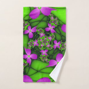 Modern Abstract Neon Pink Green Fractal Flowers Hand Towel