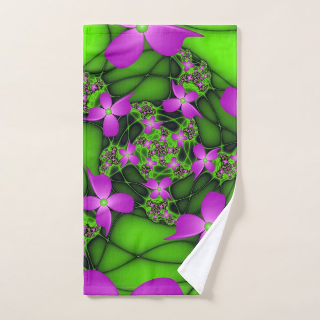 Modern Abstract Neon Pink Green Fractal Flowers Hand Towel (Hand Towel)