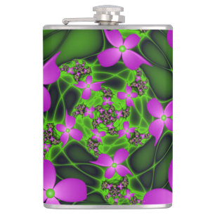 Modern Abstract Neon Pink Green Fractal Flowers Hip Flask