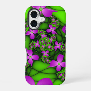 Modern Abstract Neon Pink Green Fractal Flowers iPhone 16 Case
