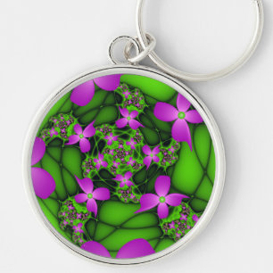Modern Abstract Neon Pink Green Fractal Flowers Key Ring