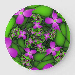 Modern Abstract Neon Pink Green Fractal Flowers Large Clock