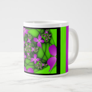 Modern Abstract Neon Pink Green Fractal Flowers Large Coffee Mug