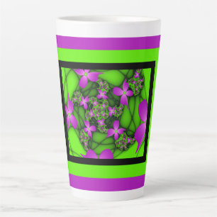 Modern Abstract Neon Pink Green Fractal Flowers Latte Mug