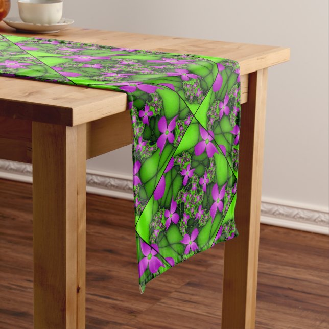 Modern Abstract Neon Pink Green Fractal Flowers Long Table Runner (In Situ)