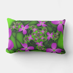 Modern Abstract Neon Pink Green Fractal Flowers Lumbar Cushion