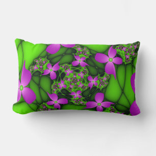 Modern Abstract Neon Pink Green Fractal Flowers Lumbar Cushion