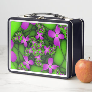 Modern Abstract Neon Pink Green Fractal Flowers Metal Lunch Box