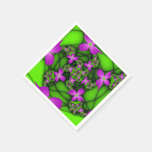 Modern Abstract Neon Pink Green Fractal Flowers Napkin