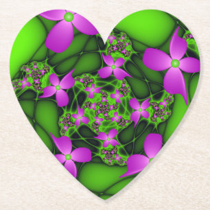 Modern Abstract Neon Pink Green Fractal Flowers Paper Coaster