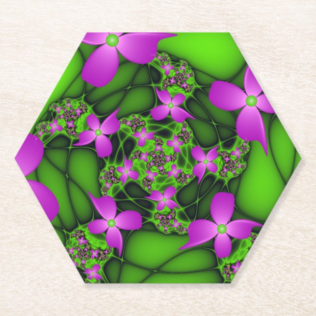 Modern Abstract Neon Pink Green Fractal Flowers Paper Coaster (Front)