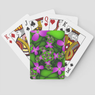 Modern Abstract Neon Pink Green Fractal Flowers Playing Cards