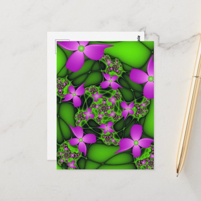 Modern Abstract Neon Pink Green Fractal Flowers Postcard (Front/Back In Situ)