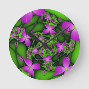 Modern Abstract Neon Pink Green Fractal Flowers Round Clock