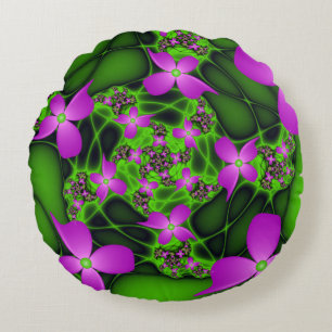 Modern Abstract Neon Pink Green Fractal Flowers Round Cushion
