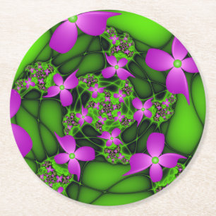Modern Abstract Neon Pink Green Fractal Flowers Round Paper Coaster