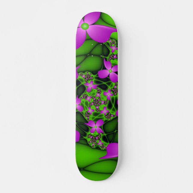 Modern Abstract Neon Pink Green Fractal Flowers Skateboard (Front)