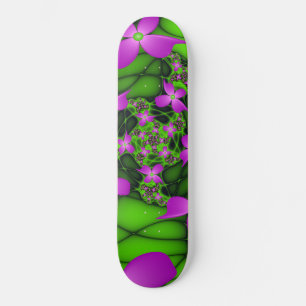 Modern Abstract Neon Pink Green Fractal Flowers Skateboard