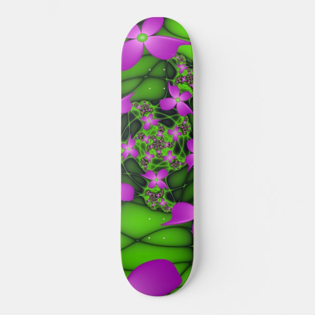 Modern Abstract Neon Pink Green Fractal Flowers Skateboard (Front)