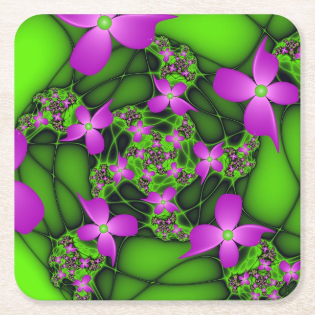 Modern Abstract Neon Pink Green Fractal Flowers Square Paper Coaster (Front)