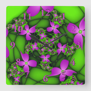 Modern Abstract Neon Pink Green Fractal Flowers Square Wall Clock