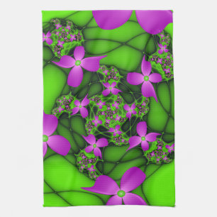 Modern Abstract Neon Pink Green Fractal Flowers Tea Towel