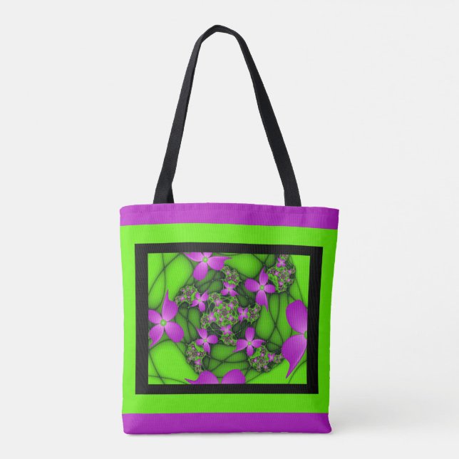 Modern Abstract Neon Pink Green Fractal Flowers Tote Bag (Back)