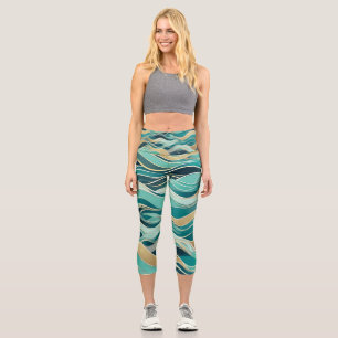 Modern Abstract Ocean Turquoise Nautical Sea Wave Capri Leggings