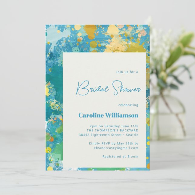 Modern Abstract Paint Art Cool Blue Bridal Shower  Invitation (Standing Front)